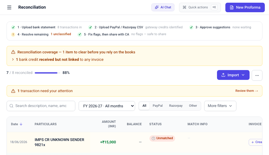 Real BillForge AI bank reconciliation — matched transactions with confidence