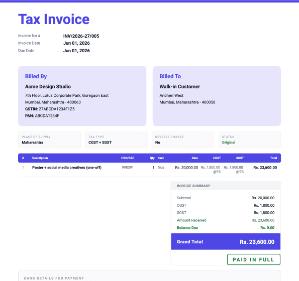 A real BillForge tax invoice — GST breakdown, GSTIN, paid status