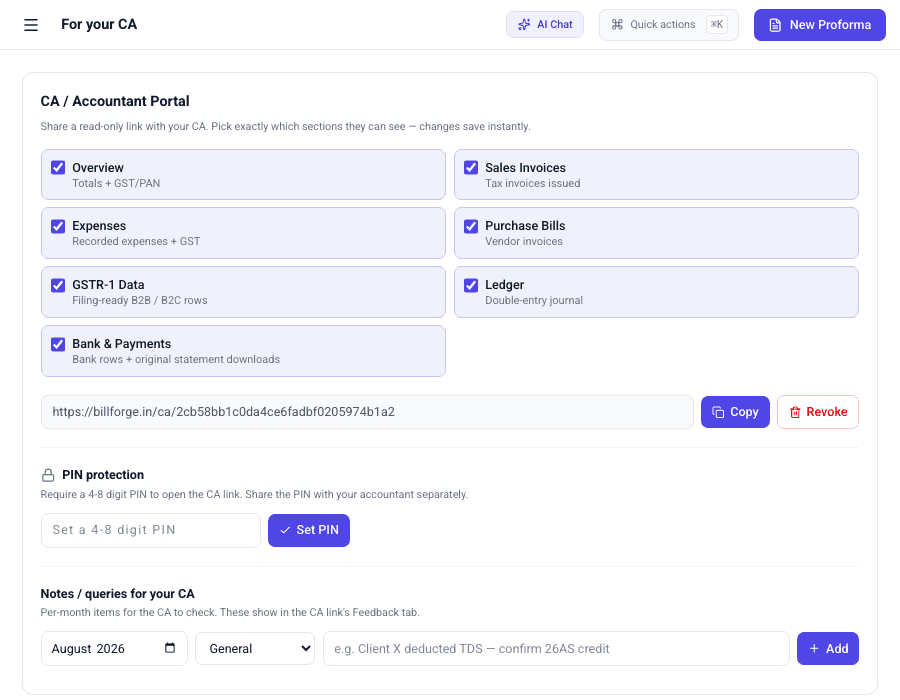 Real BillForge CA portal — share a scoped, PIN-protected read-only link with your accountant